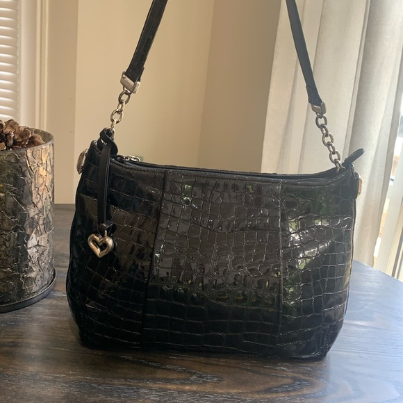 Brighton Black Patent Croc Embossed Leather Shoulder Bag preloved - Picture 1 of 12